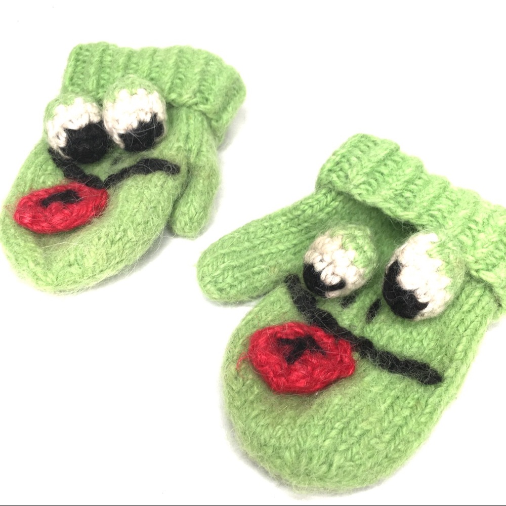 Kids Green Frog Face Mittens - Soft Knit Mittens